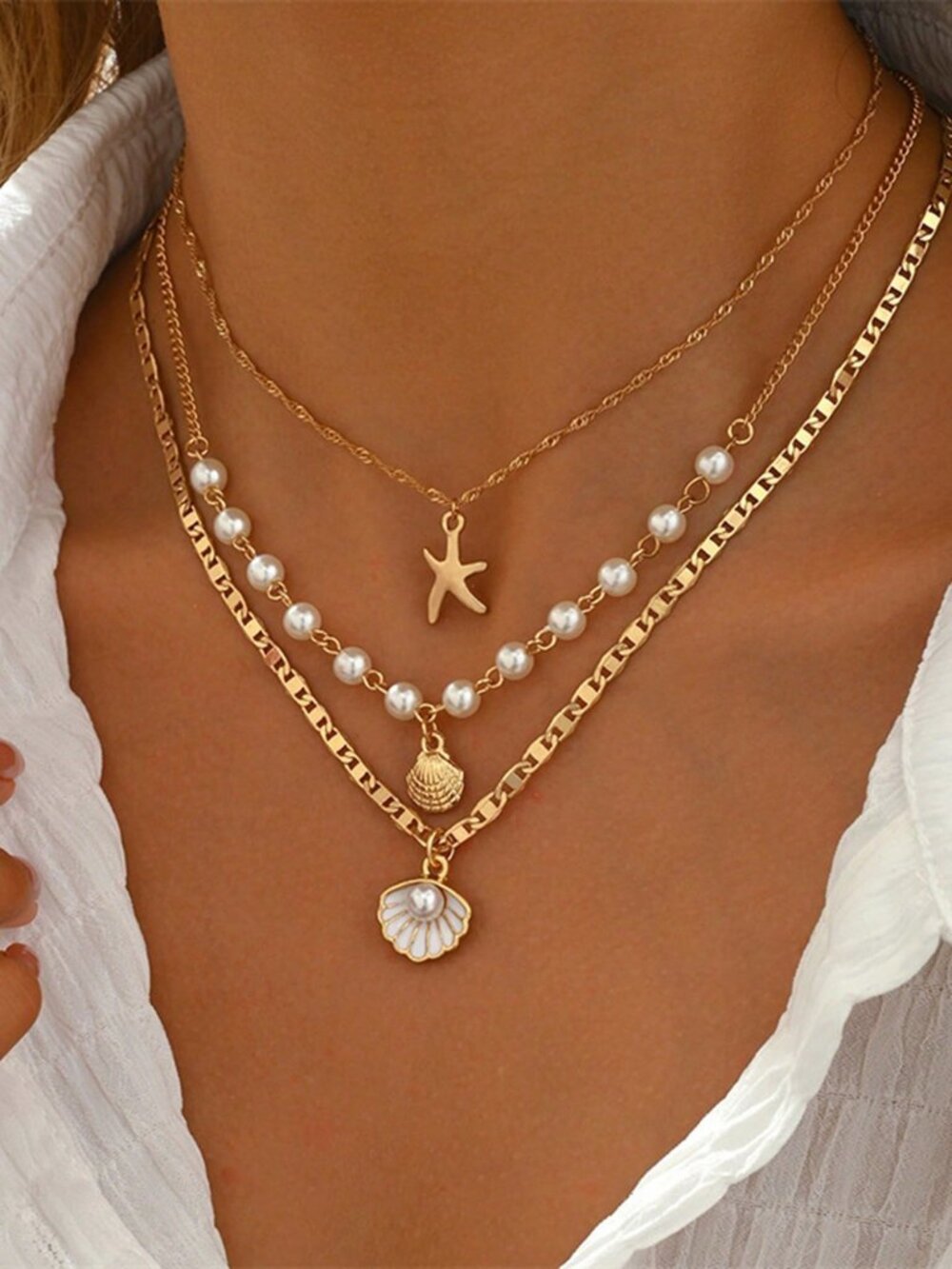 Multicolor Boho Women's Multi-Color Faux Pearl Multi-Layer Necklace Set - Picture 2 of 3